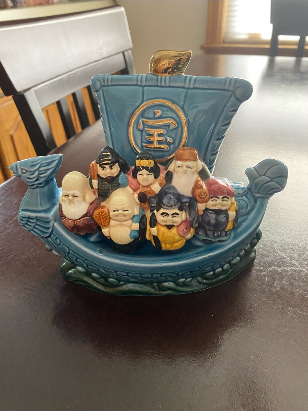 Teal Ceramic Lucky Ship Figurine with Gold Accents